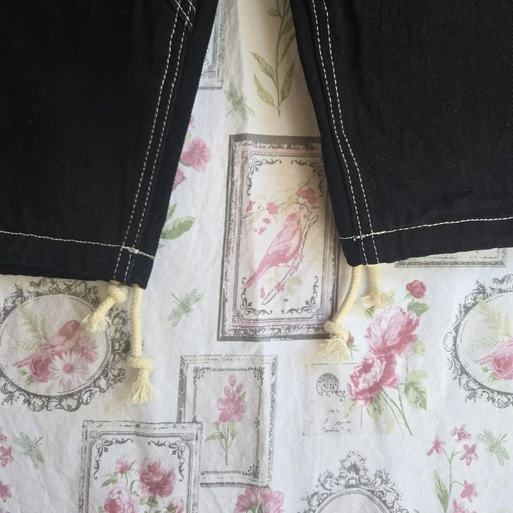 Y2K Black Baggy‎ Jeans Wide Leg Contrast Stitch Embroidered Gone Logo Size Small